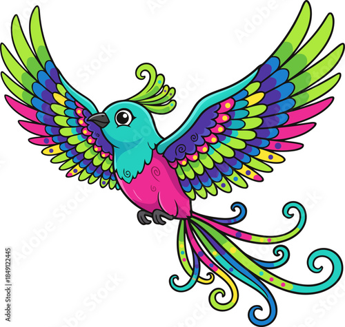 Colorful Ornate Flying Bird Vector Illustration with Decorative Wings