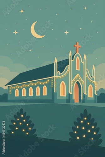 Retro mid-century Christmas church illustration with festive lights at night - Pastel shades