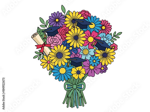 Bouquet of colorful flowers with graduation caps and a diploma scroll