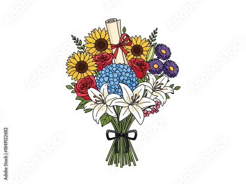 Bouquet of mixed flowers with a rolled diploma tied with a red ribbon