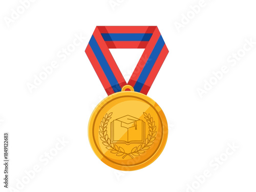 Gold medal with graduation cap and book design on a red and blue ribbon