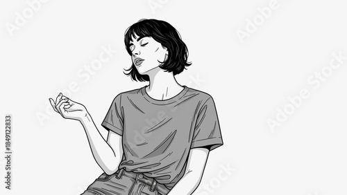 Young Woman in Gray T-Shirt Holding Small Object in Black and White Illustration