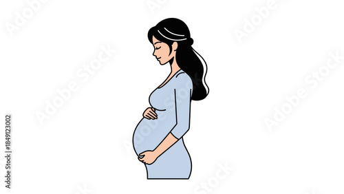 Pregnant Woman Silhouette in Blue Dress with Hand on Belly