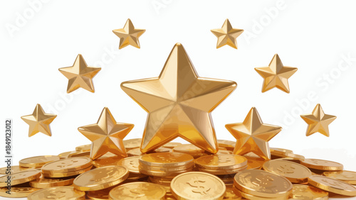 Gold coins and stars on white background