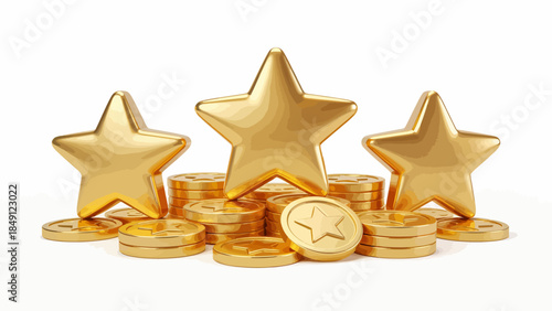 Gold stars and coins on white background