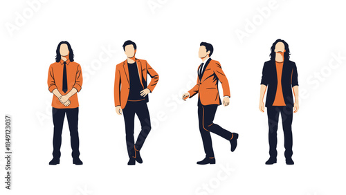 Four Men in Orange Blazers Posing in Different Styles