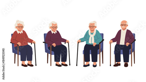 Four Elderly Individuals Sitting on Chairs with Walkers