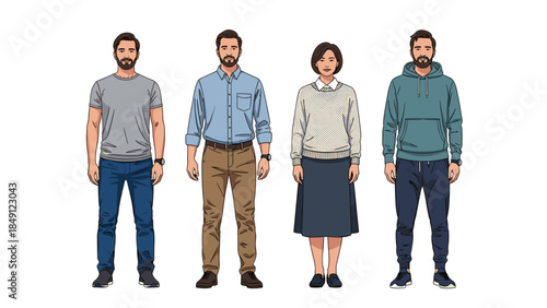 Four Casual Individuals Standing in a Row, Diverse Styles