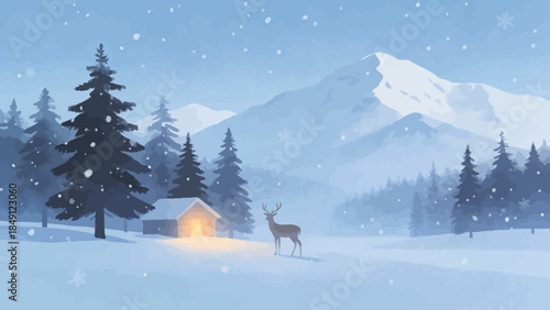 Snowy mountain cabin with deer