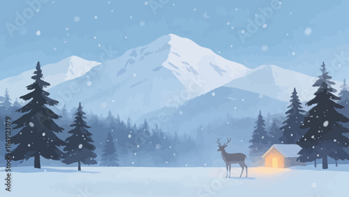 Snowy mountain deer cabin scene