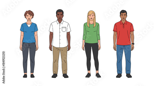 Diverse Group of Four Illustrated Characters Standing in a Row
