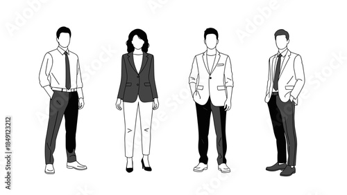 Four Monochrome Illustrations of Professionals in Business Attire