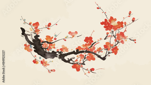 Floral branch with red blossoms