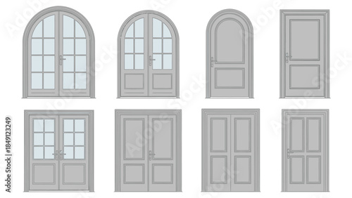 Set of vector line art illustrations featuring various architectural door collection designs, including single and double arched doors and paneled doors, ideal for plans and elevations
