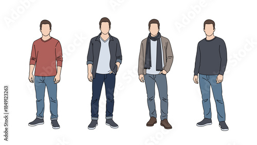 Four Casual Men Standing in a Line, Illustrated