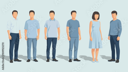 Group of Six People Standing in a Line, Casual Attire, Flat Design Illustration