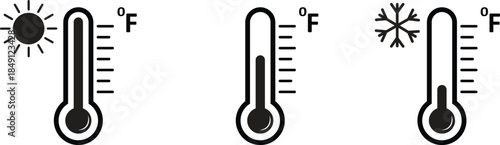 Thermometer vector icon set showing temperature levels. Weather forecast graphic with hot and cold indicators. Thermometer with temperature scale vector illustrator isolated on transparent background.