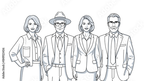 Line Art Illustration of Four Professionals in Business Attire