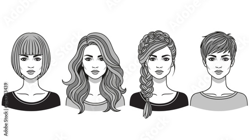 Four Women with Diverse Hairstyles in Black and White Illustration