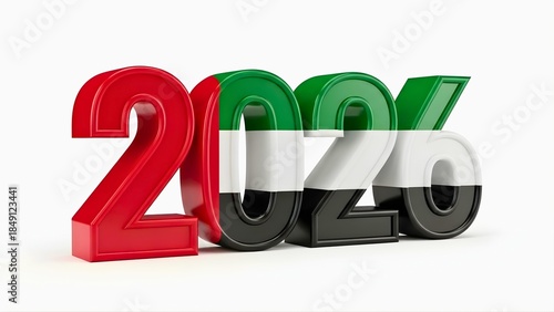 3d rendering of year 2026 with uae flag colors isolated on white background