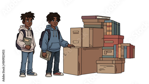 Two Students Packing Books into Boxes for Moving