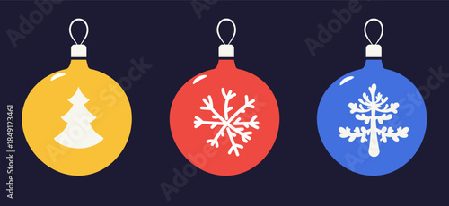 Christmas balls with a Christmas tree and a snowflake.