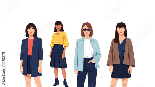 Four Women in Casual Outerwear with Colorful Skirts