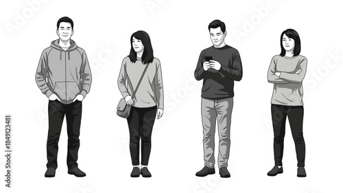Four Casual Individuals Standing in Line, Black and White Illustration