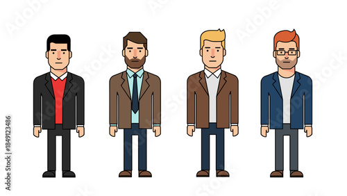 Four Stylish Cartoon Men in Business Attire with Distinctive Hair and Accessories