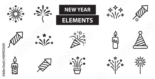 Set of new year elements collection, new year celebration element, firework element, holiday line icon