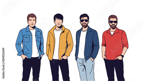 Four Casual Men Standing in a Row, Colorful Illustration