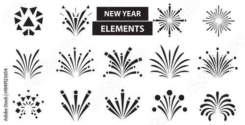 new year elements collection with fireworks and celebratory symbols for holiday design