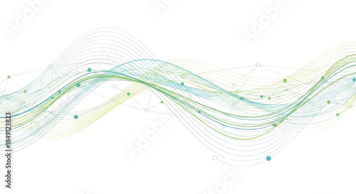 Dynamic abstract flowing lines and interconnected network points in vibrant green and blue hues, symbolizing data and digital connectivity