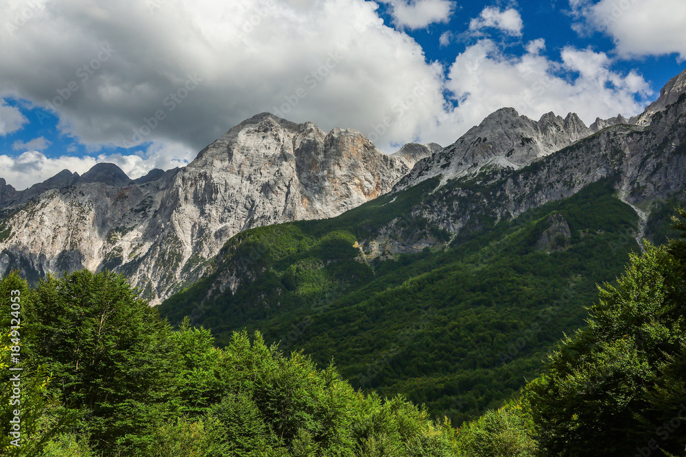 Obraz premium Scenic summer landscape of Valbona Valley National Park. Prokletije or Accursed Mountains in Northern Albania, Europe 