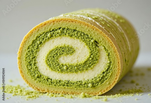 Close-up of matcha Swiss roll cake — soft sponge with vibrant green matcha cream swirl, clean gray background.
