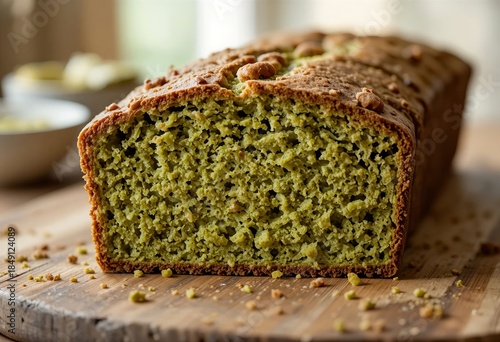 Close-up of homemade matcha loaf cake — sliced on wooden board, visible crumb texture, warm daylight, cozy yet clean food styling.