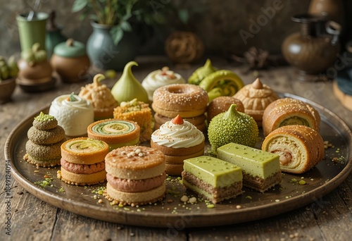 Luxury matcha dessert platter — assortment of mini cakes and rolls, refined presentation, premium bakery banner look.