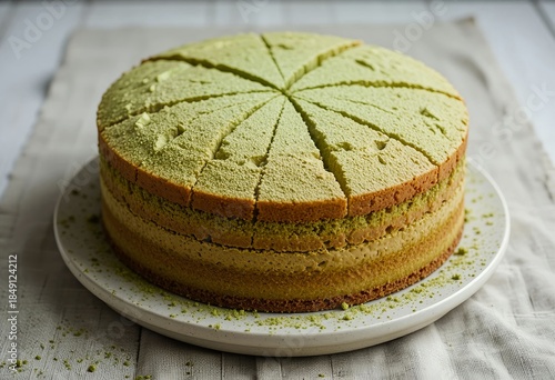 Rustic matcha sponge cake — lightly cracked top, dusted with matcha powder, linen cloth background, natural bakery aesthetic.