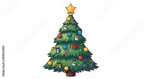 Colorful decorated Christmas tree illustration on plain background
