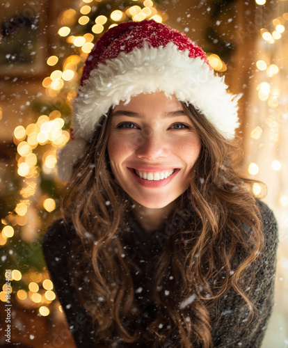 Smiling woman in santa hat with falling snow and festive lights in cozy interior, joyful christmas portrait for holiday marketing, seasonal banners, greeting cards, social media and winter advertising