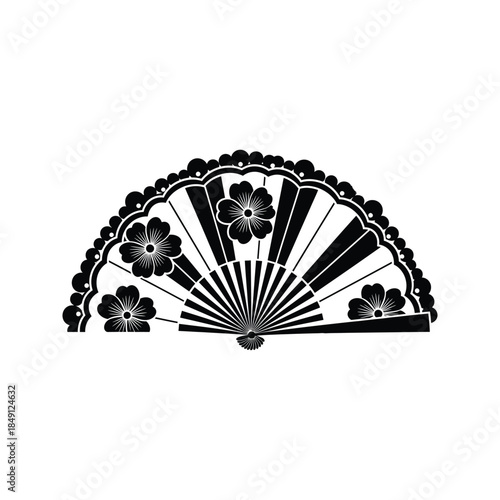 Elegant black fan with floral design on white background
