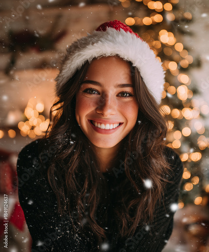 Smiling woman in santa hat with falling snow and festive lights in cozy interior, joyful christmas portrait for holiday marketing, seasonal banners, greeting cards, social media and winter advertising