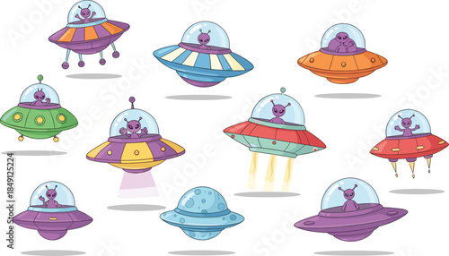 Alien spaceship, cartoon UFO, purple alien, flying saucer, space travel, sci-fi illustration, whimsical design, extraterrestrial, beam effect, colorful craft