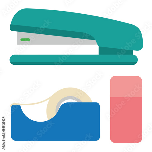 Office stationery vector icons including stapler tape dispenser and eraser