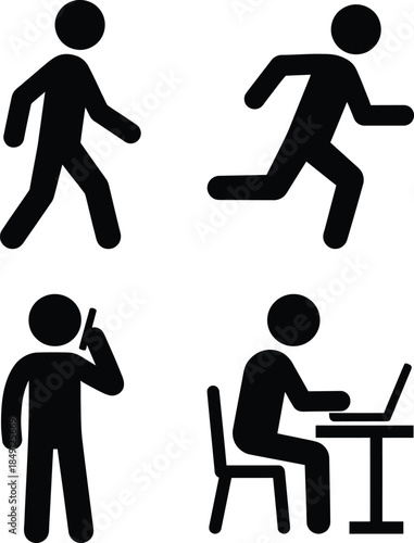Four simple black icons of people in different poses