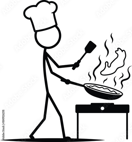 Stick figure chef cooking food in a pan on a stove