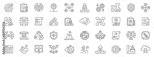 Mission line icons set. Thin line icons collection related to mission. Outline icons pack. Mission, Vision, Core Focus, Core Value, Research, Values, Excellence, Ideas, Goal illustration.