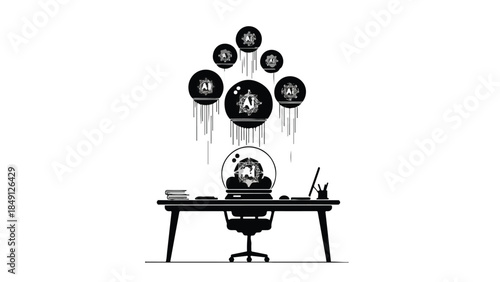 Creative professional working at desk with floating idea balloons, modern office workspace concept, business inspiration, brainstorming