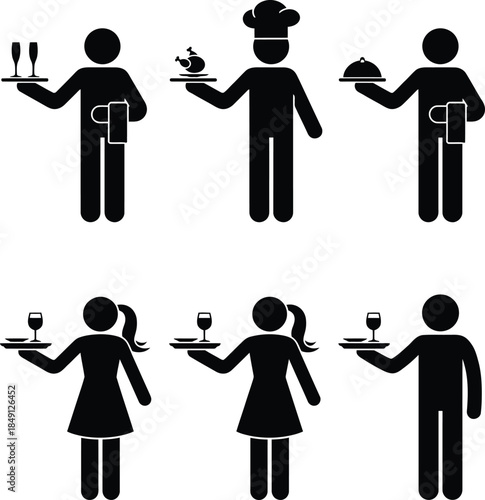 Wait staff and chef icons with food and drinks