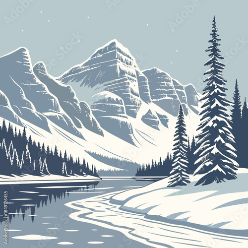 Frozen Lake With Mountain Reflection In Winter